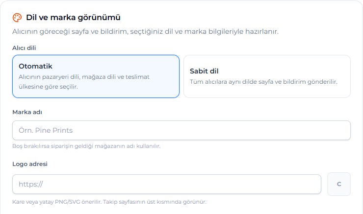 Takip sayfasının dil ve marka ayarları